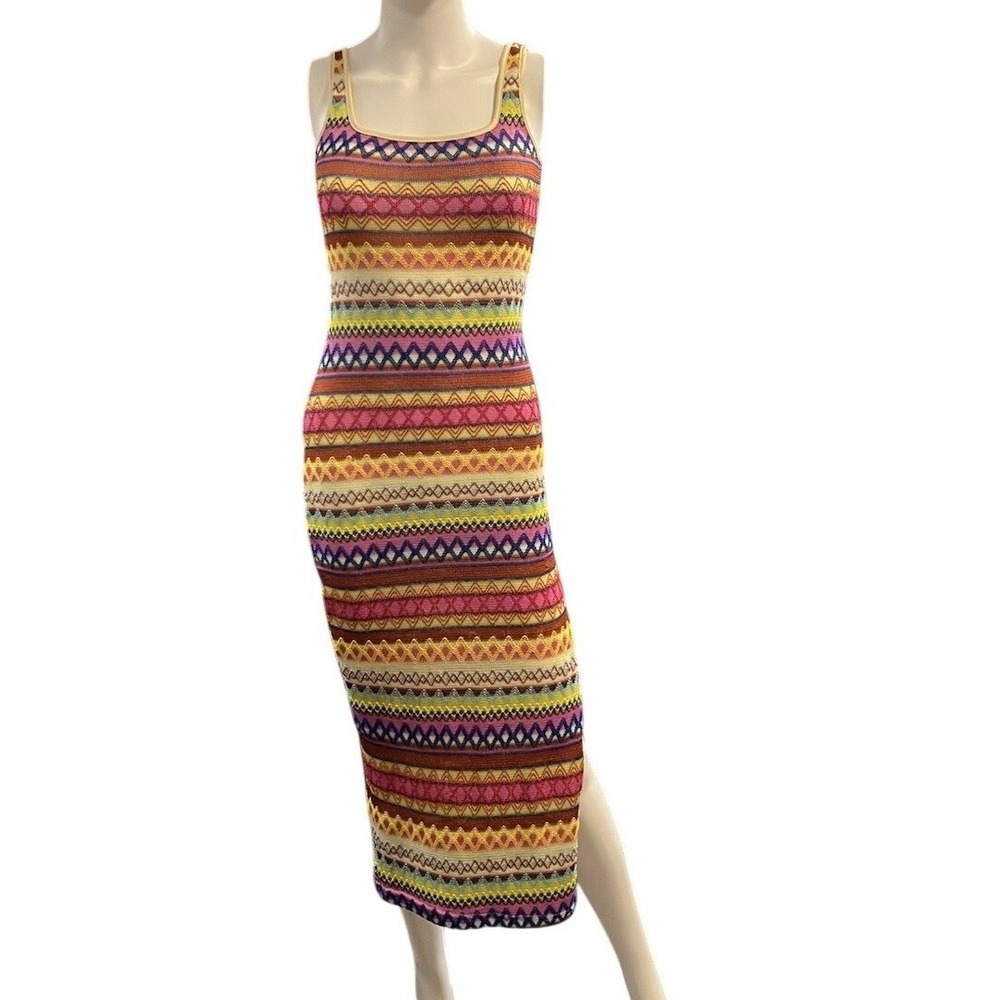 Crochet Embroidered Maxi Dress Fitted Colorful  Stripe XS‎ Boho Hippie Festival